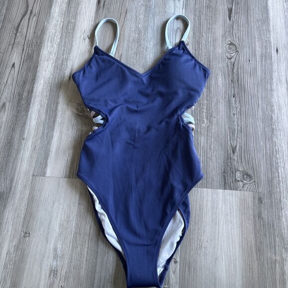 Victoria’s Secret Pink Blue One Piece Swimsuit With  String Cutouts Size XS - Picture 1 of 11
